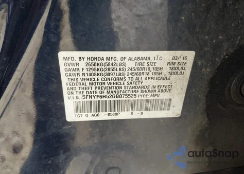 2016 Honda Pilot Ex-L z USA, uszkodzony, nr VIN 5FNYF6H52GB075525